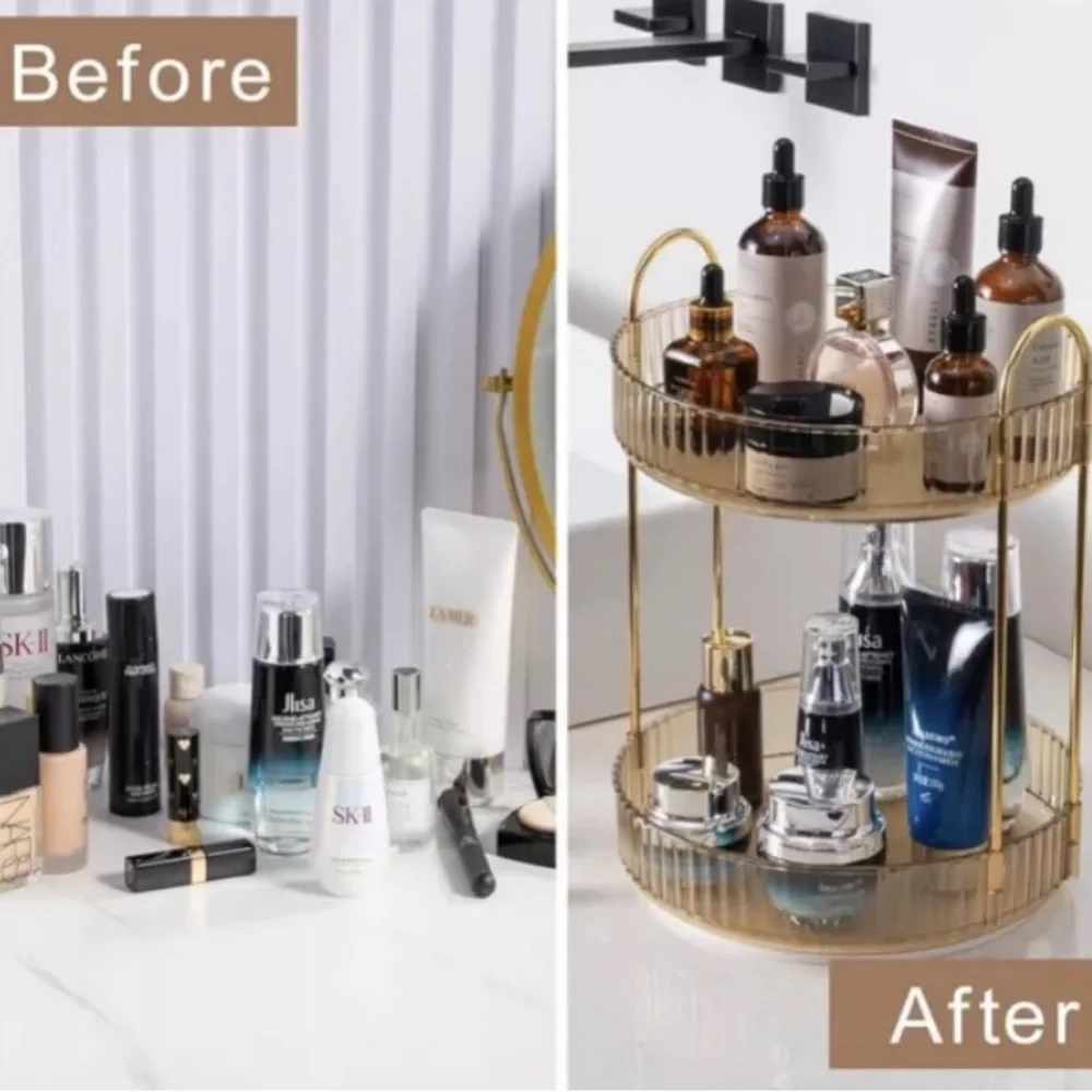 New Makeup Organizer Rotates 360°: 2-Tier Gold/Gold Countertop Bathroom, Kitchen